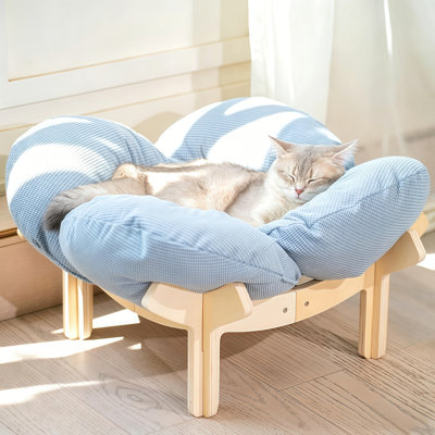 Lit surélevé en bois pour chat avec coussin en velours côtelé lavable, canapé pour animaux de compagnie surélevé pour chats et petits chiens jusqu'à 40 lb, 22 x 22 x 12,6 pouces, beige et bleu