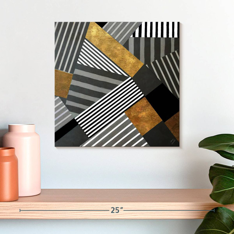 Rayures géométriques dorées et noires II, H 16 po x l 16 po