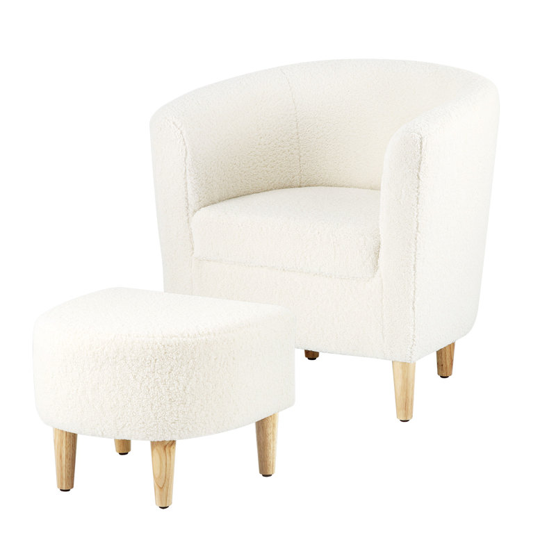 Upholstered 27" Wide Barrel Chair with Ottoman, White Teddy