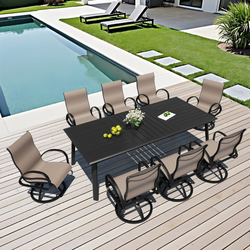 8 - Person Aluminum Outdoor Dining Dining Set With Sunbrella Swivel Rocking Dining Armchairs, Augustine Ashes