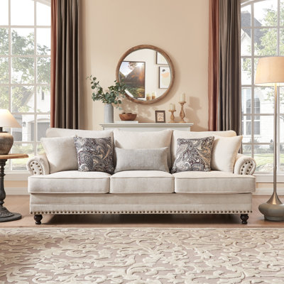 Estelle Modern Farmhouse Sofa With Nailhead Trim, Chenille Upholstery Couch, Rolled Arms, Deep Seat, Wooden Legs, Includes 5 Accent Pillows