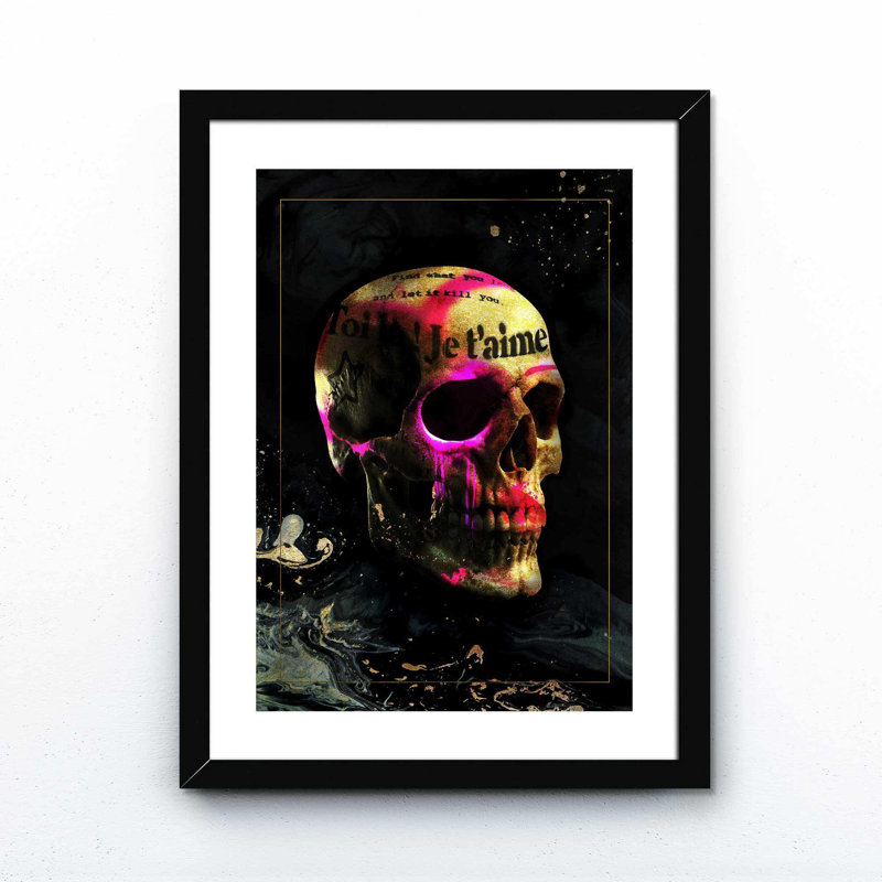 Je T'aime Skull - Single Picture Frame Print on Canvas, Black Framed, 91cm H x 61cm W x 5cm D