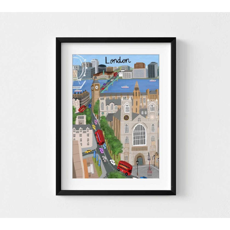 Illustration de Londres, art moderne de la ville et bus rouge, H 32 po x l 24 po, Impression encadrée avec passe-partout