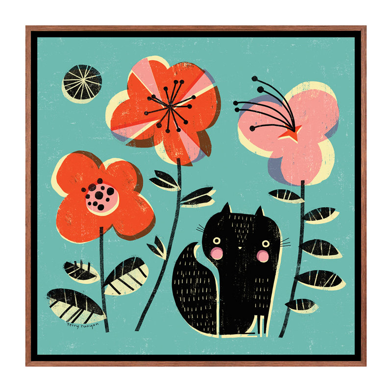 Écureuil - Fleurs par Terry Runyan - Reproduction, H 37 po x l 37 po x P 1,5 po, Toile avec cadre brun, Pas de tapis