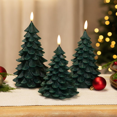 Flickering LED Flameless Christmas Tree Candles - 7.25" - Green - Set Of 3