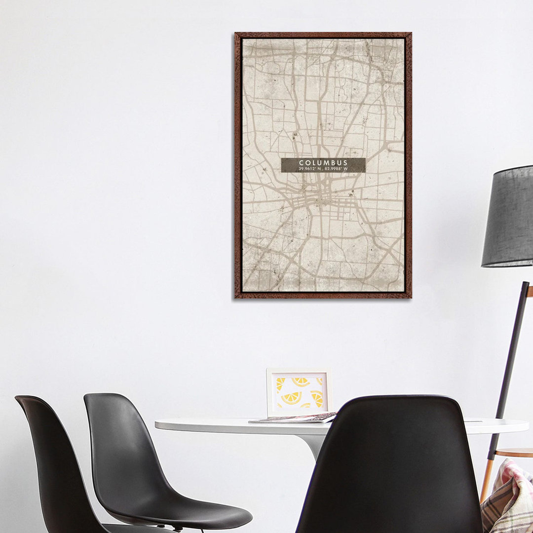 Columbus Stadtplan Abstrakter Stil von WallDecorAddict - Galerie-umwickelte Leinwand Giclée auf Leinwand