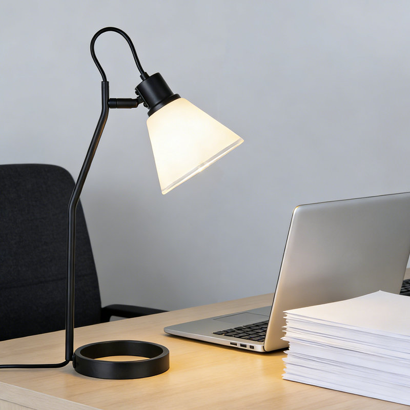 Modern 20" Adjustable Desk Lamp - Industrial Iron Ring Base, Frosted White Glass Shade with Clear Edge, Minimalist Task Light for Home Office & Bedroom