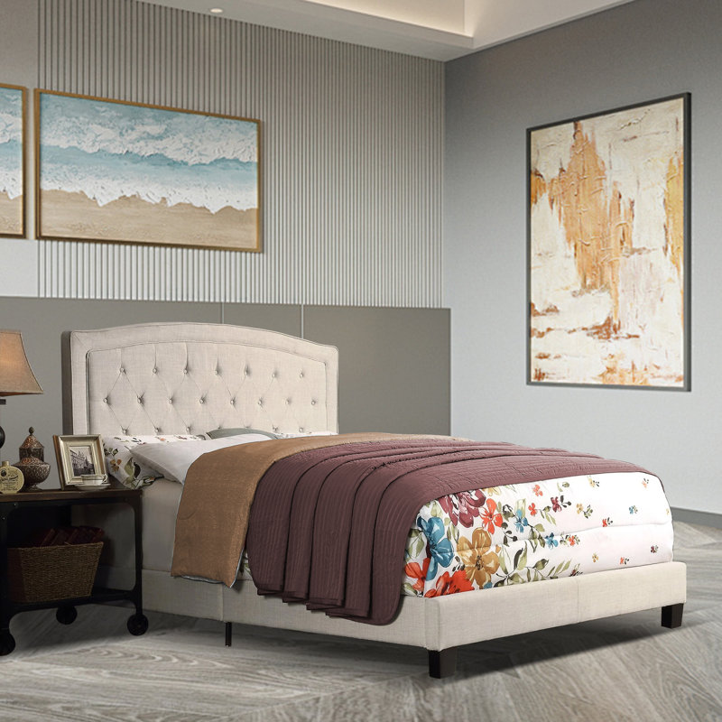 Lit tapissier rembourré avec tête de lit à hauteur ajustable, Beige, Très grand lit