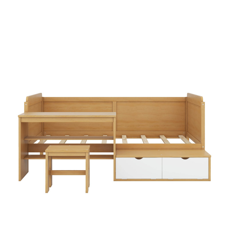 Lit de jour simple avec tablettes de rangement, casiers, bureau et tabouret assorti, Naturel