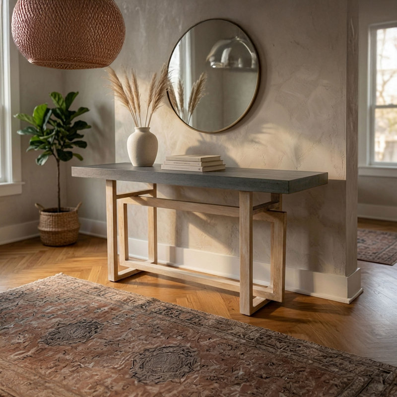 59 Inch Artisan Sideboard Console Table with Geometric Interlocked Base, Distressed Matte Gray