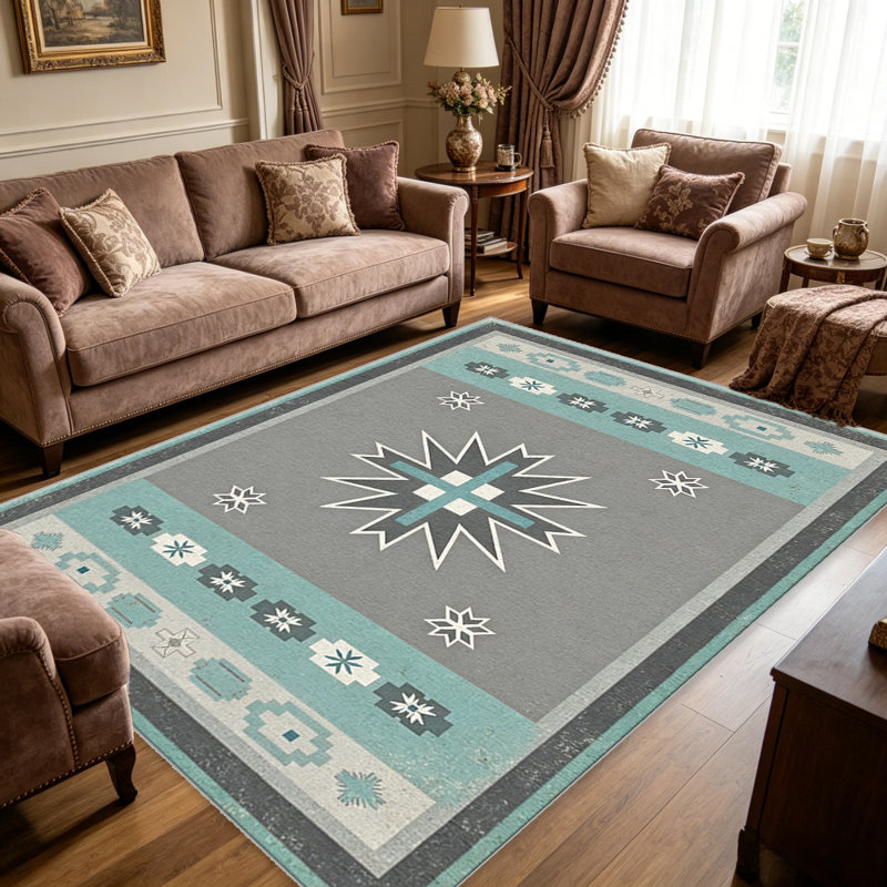 Turquoise Grey Southwest carpet-easy to clean, machine-washable, soft and comfortable; suitable for door mats, kitchens, living rooms, bedrooms, corridors, and laundry areas. Easy to clean, durable carpet for home decoration.