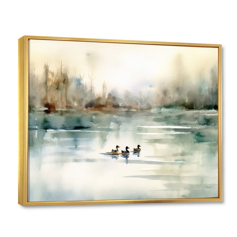 «Ducks in Pond I» - Art mural sur toile, Doré, H 30 po x l 40 po, Reproduction avec cadre flottant