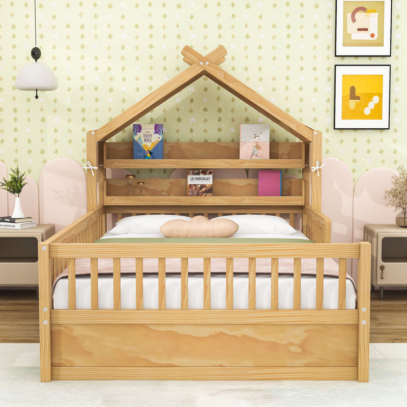 Dreamy House-Shaped Bed with Roof-Style Frame and Storage Shelf, Full, Natural