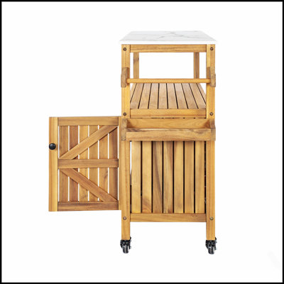 Durable Acacia Wood Outdoor Bar Cart with Weather-Resistant Finish, Perfect for Patio and Garden Entertaining.