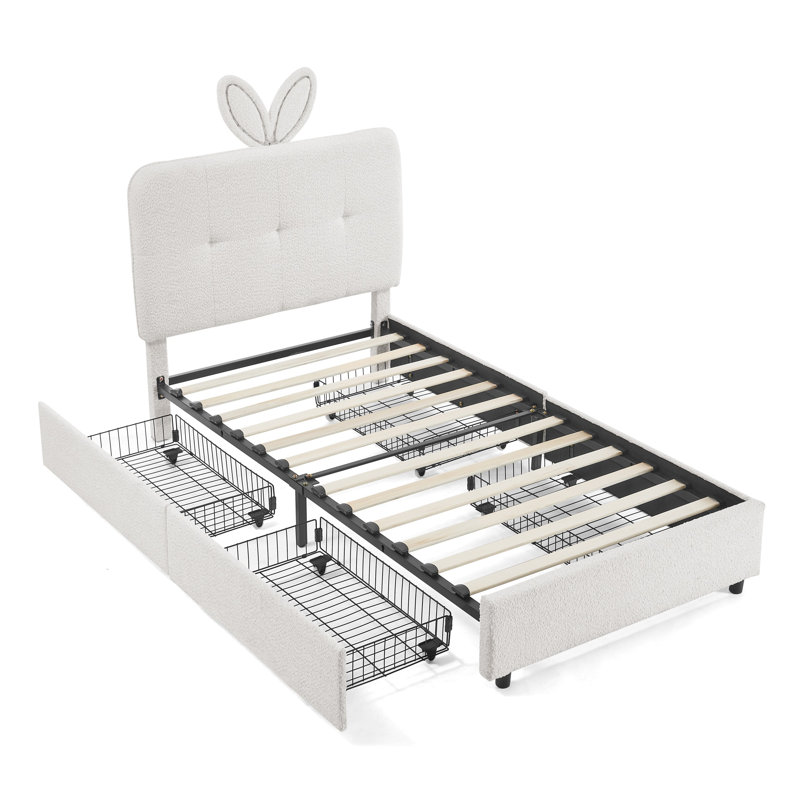 Lit simple tapissier pour enfants avec tête de lit surdimensionnée pour oreilles de lapin, lumière DEL et 4 tiroirs de rangement en tissu bouclé beige