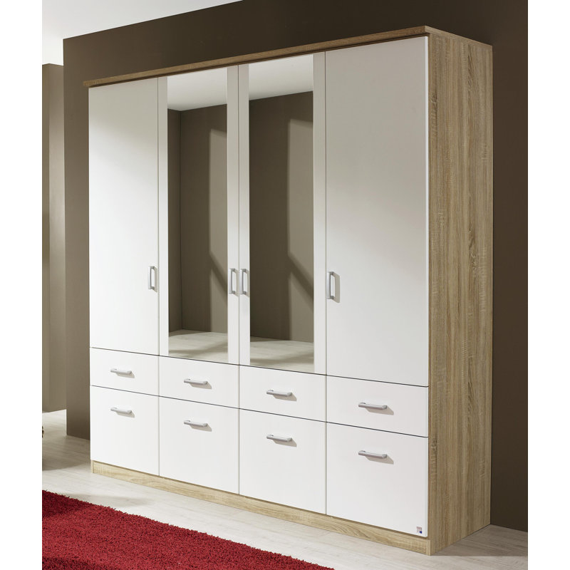 Bremen Revolving Door Wardrobe 4 Doors with Mirror and 8 Drawers, Sonoma Oak/Alpine White