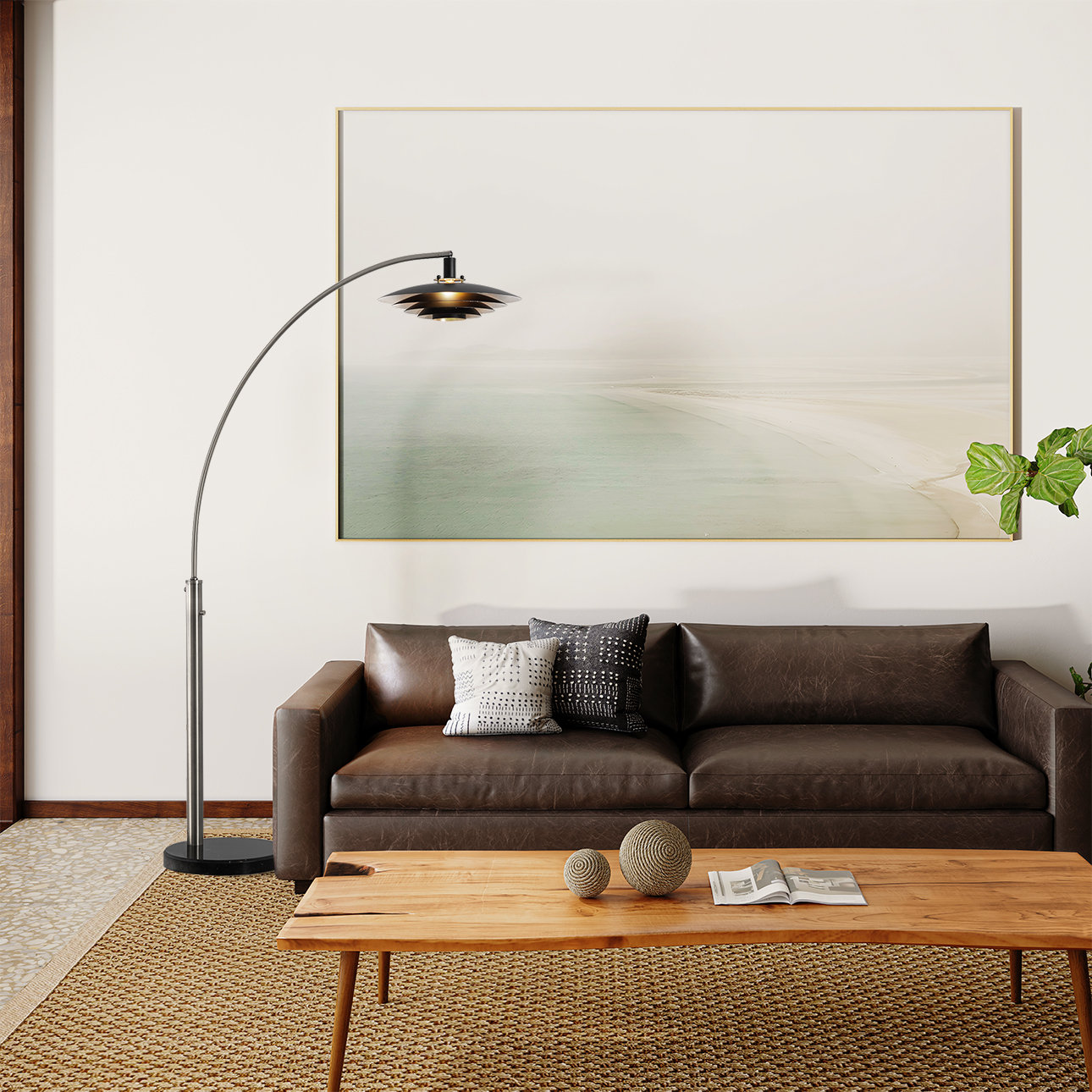 Rancho Mirage 1-Light Mid-Century Modern Arc Floor Lamp – Marble Base, Matte Black Tiered Shade with Hand-Applied Leaf Finish, Dimmer Switch, LED Compatible, Elegant Designer Accent Lighting