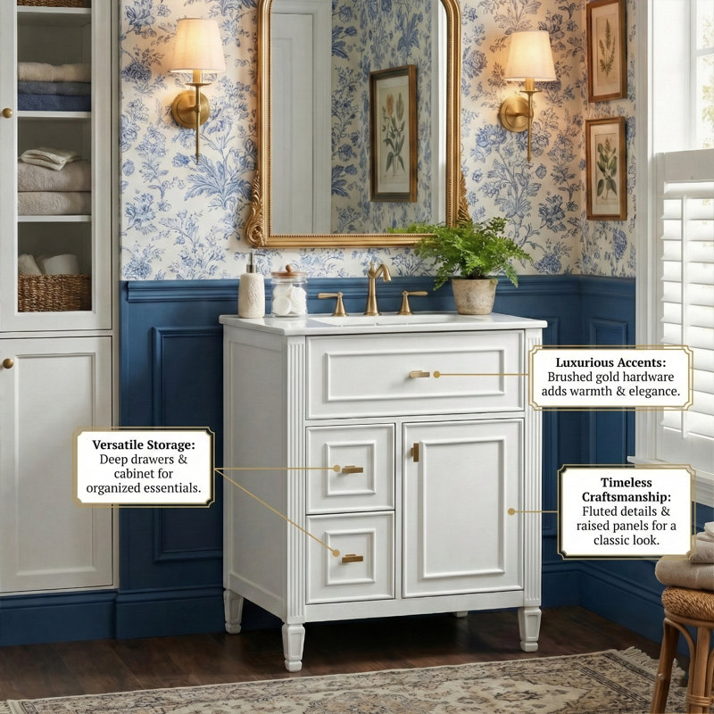 24" Modern Farmhouse Vanity Set, Solid Wood & MDF Cabinet With Gold Handles, Ceramic Top & 3-Drawer Storage, White
