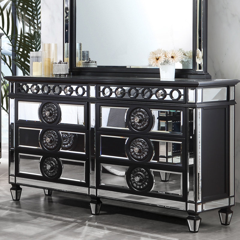 Commode à huit tiroirs, Noir / argent / miroir