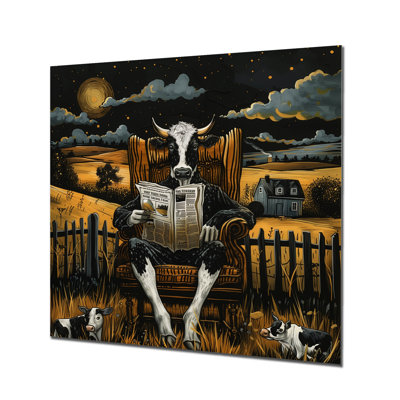 Vache lisant dans le pré sur une chaise - vache, art mural animal