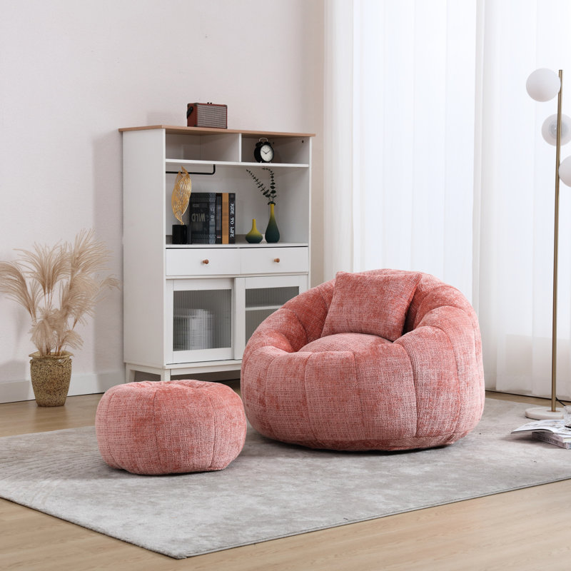 Fauteuil à billes rose de loisirs simple, coussin de haute qualité, tissu indépendant et chenille, mousse à mémoire de forme véritable, sac rond facile à installer sans assemblage