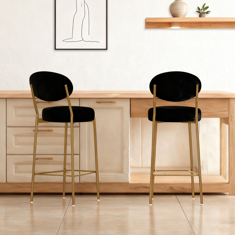 Ensemble de 2 tabourets de bar modernes en velours avec pieds en métal dorés et tabourets de comptoir ronds pour îlot de cuisine, bar personnel (noir)