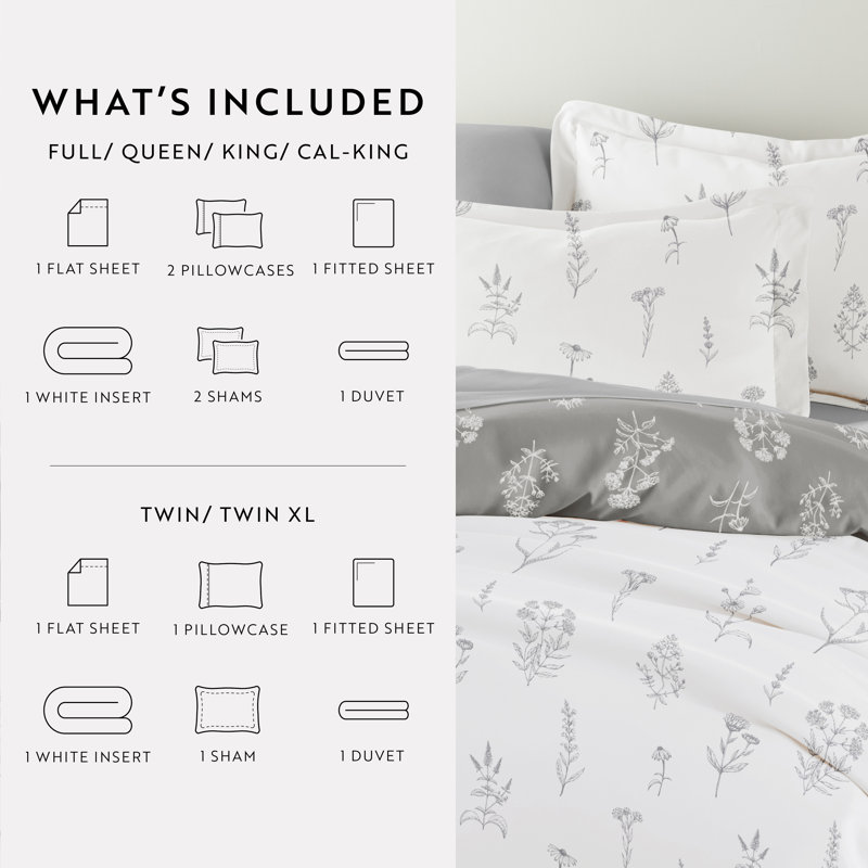 Twin XL Light Gray Floral Patterned Duvet Set
