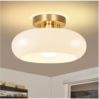 Gold Semi Flush Mount Ceiling Light,11inch Mid Century Modern Light Fixture,Hallway Lighting Fixture with Milk White Glass Shade,Vintage Ceiling Lamp for Kitchen,Porch,Entryway,Closet,Bedroom