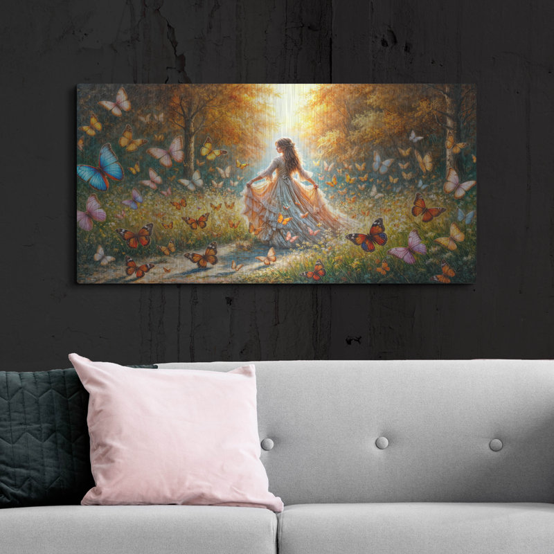 Art mural en métal Lark Manor ™ «Girl & Butterflies» par Rey Klimt, H 24 po x l 48 po