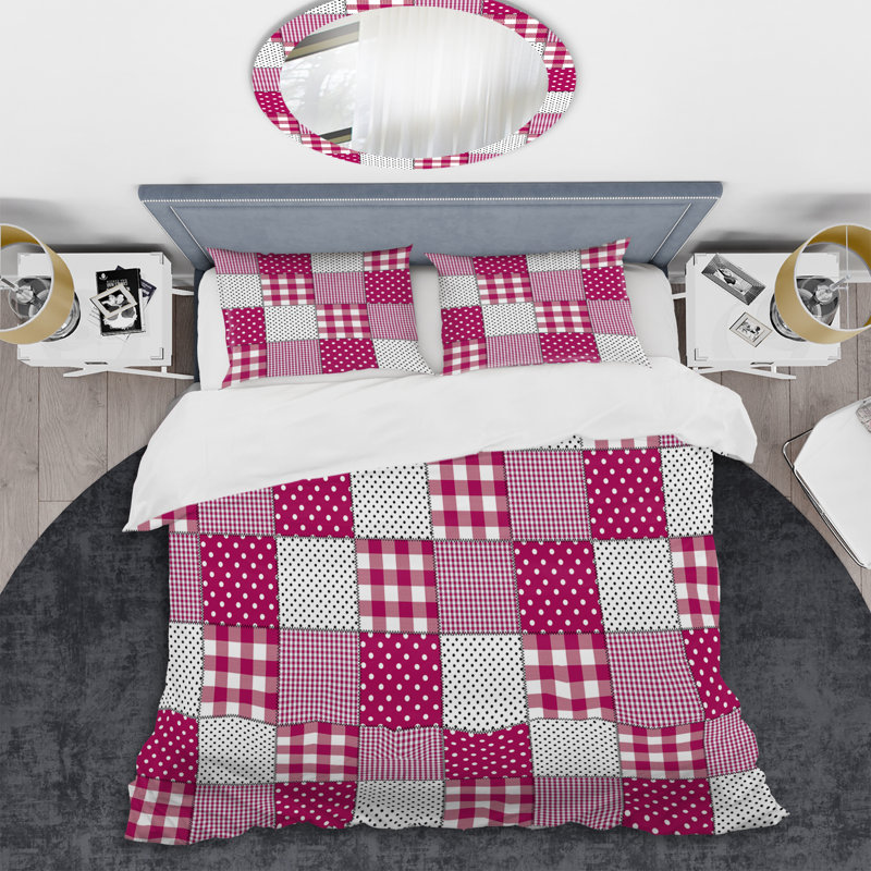 Pink and White Patchwork - Abstract Duvet Cover Set - Microfiber Polyester, King Duvet Cover + 2 King Shams