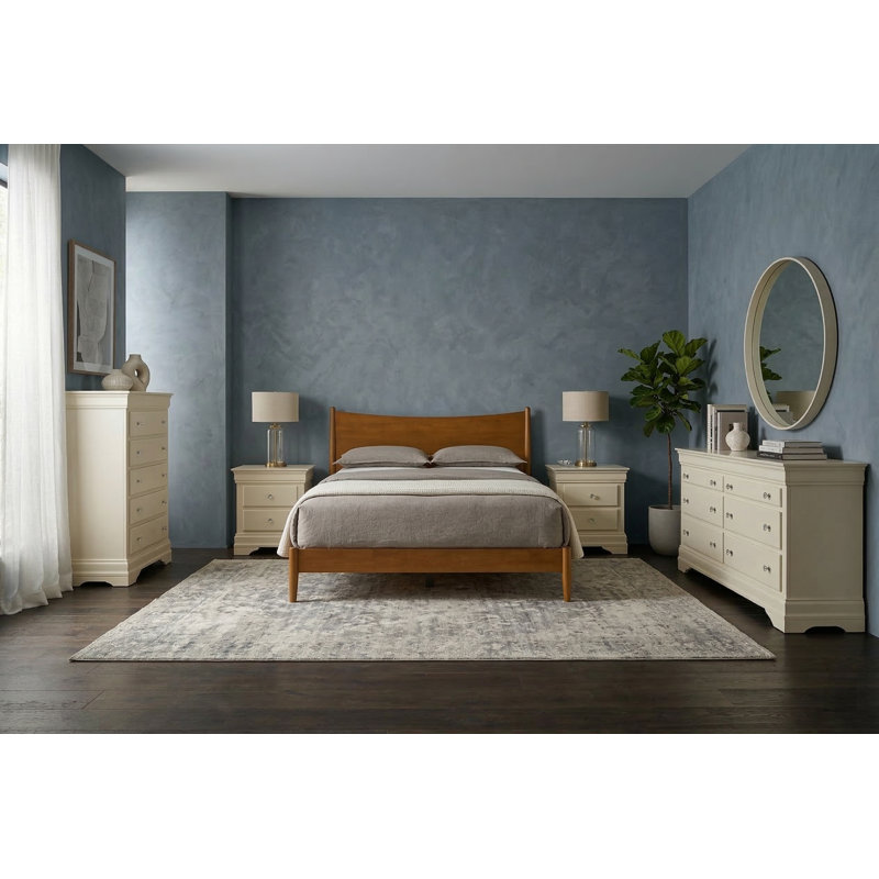Barvelle Solid Wood 5 Piece Bedroom Set, Orange/Ivory, 5 Pcs: Bed, 2 Dressers, 2 Nightstands