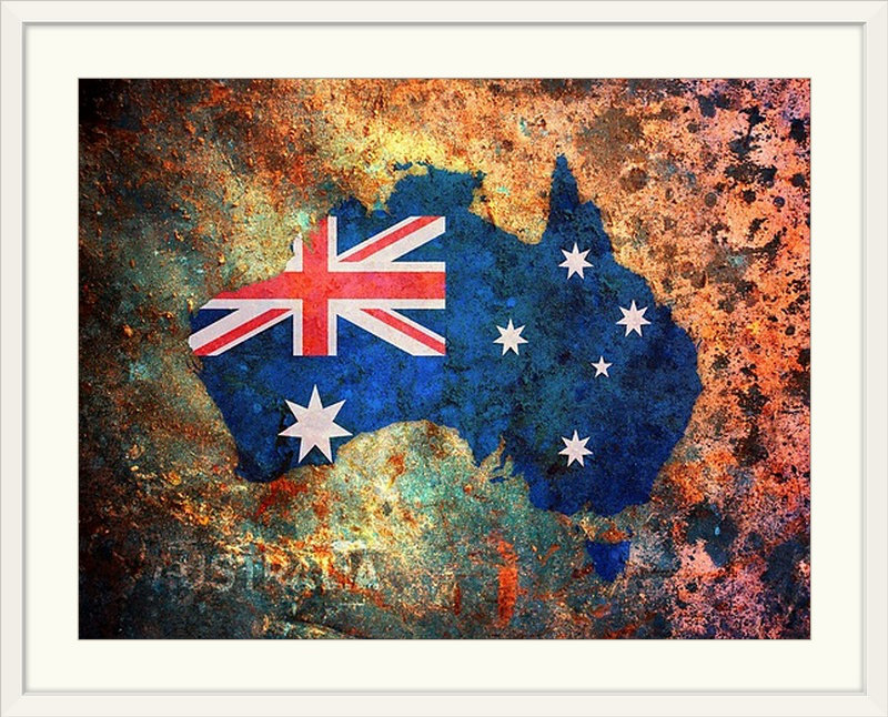 Francy «Australie Flag Map» par Deschamps, impression, H 26 po x l 32 po x P 1 po, Cadre blanc
