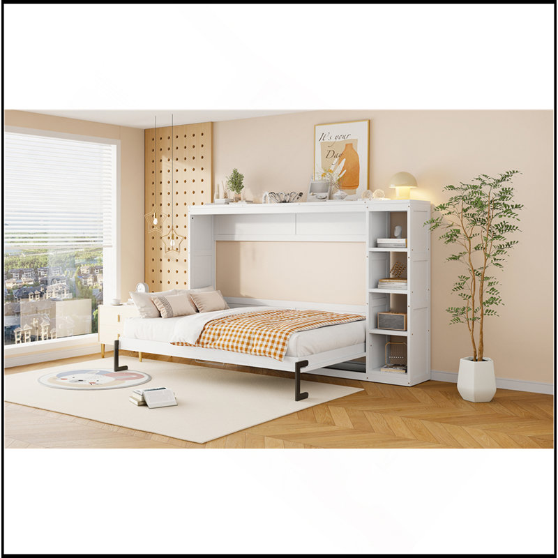 Murphy Bed With Bookshelf, White, Full