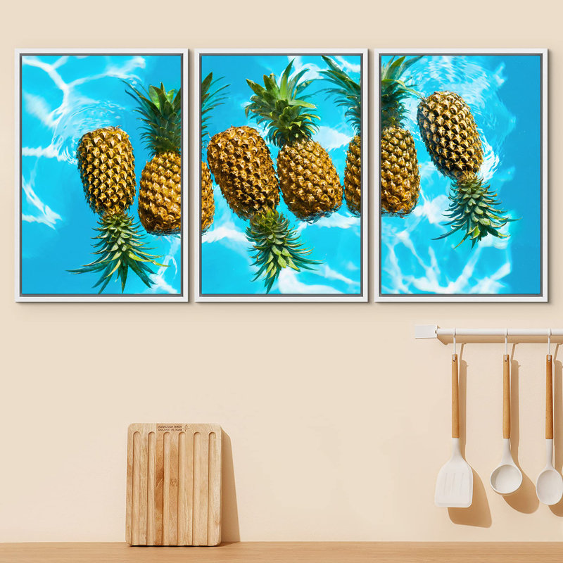 Ananas flottant dans la piscine d'été, photographie de fruits, réalisme, rustique, ultra, Cadre flottant blanc
