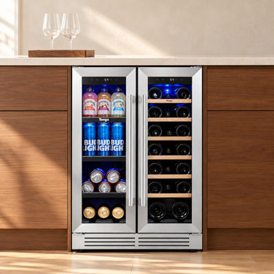 Yeego 24" Dual Zone Wine and Beverage Refrigerator, 20 Bottle & 60 Can Built-In Under Counter Wine Cooler, Front Venting