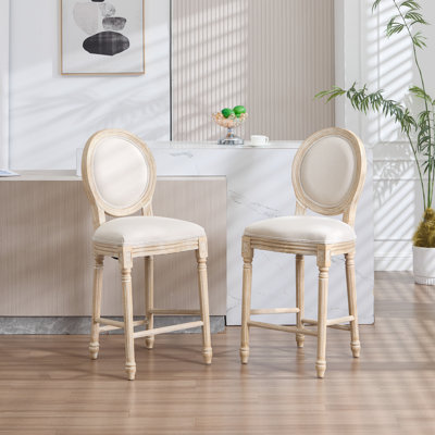 French Country 30'' Height Bar Chairs Set of 2, Upholstered  Chairs with  Round Back, Wire drawing and carving techniques ,Disassemblable ,  for Living Room, Kitchen , Restaurant Use, Beige