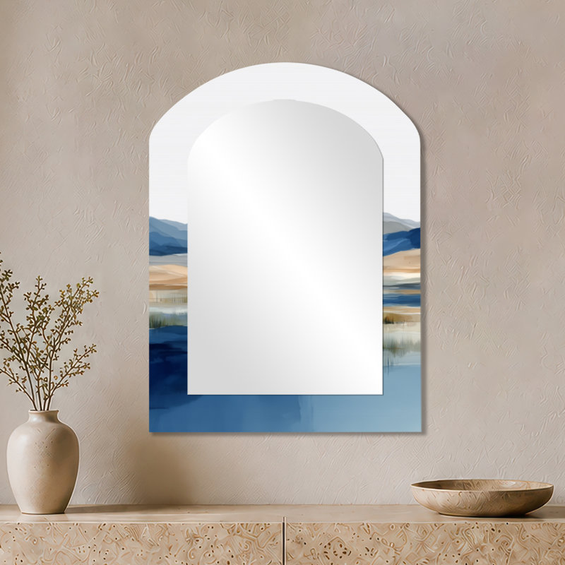 Miroir d'appoint Rustic Large Arch - Blue Waves Heights Golden Coastal I, impression sur métal, 34" x 25"
