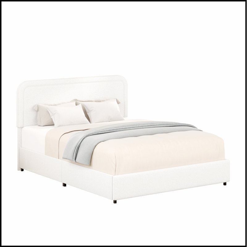 Lit de rangement à 2 tiroirs avec revêtement bouclé ivoire, tête de lit courbée et design minimaliste moderne