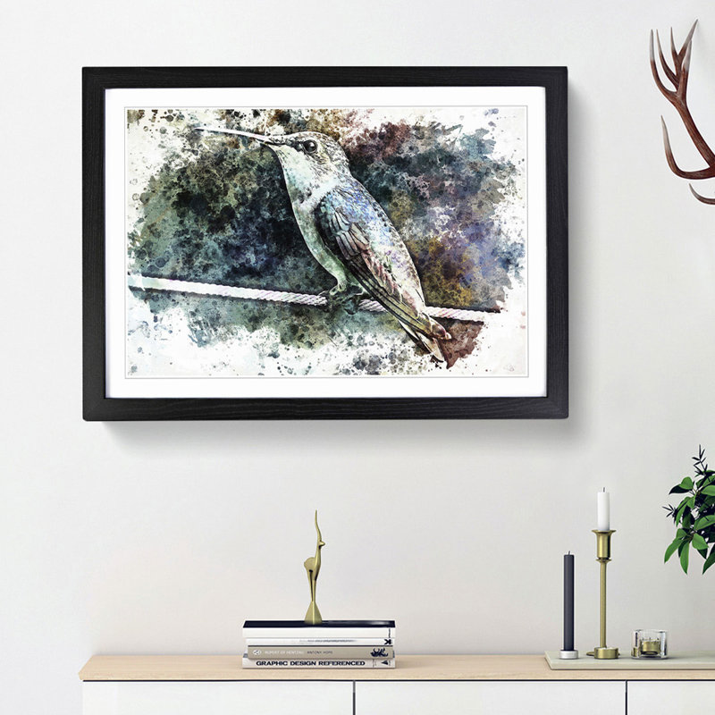 Hummingbird Bird on a Wire in Abstract - Picture Frame Painting Print, 62cm H x 87cm W x 2cm D, Black Framed