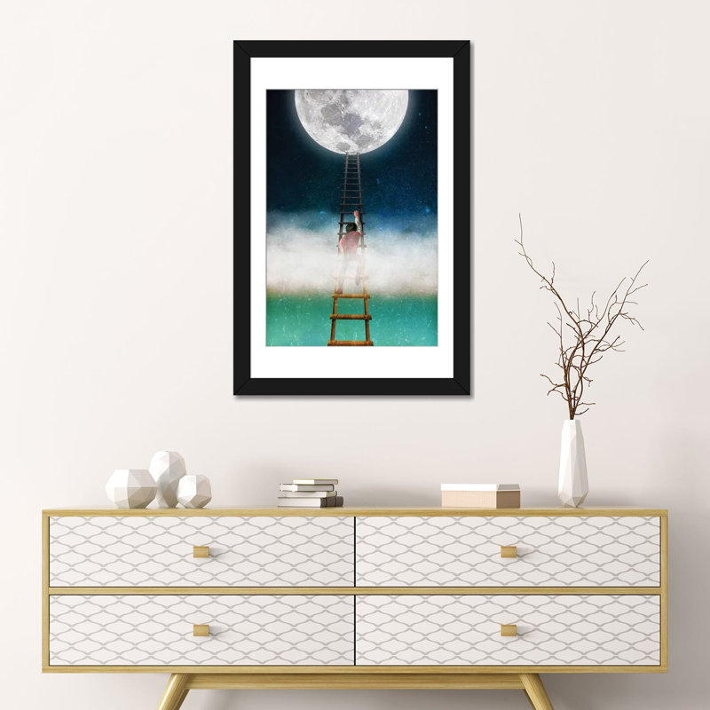 Portée pour la lune ii, H 24 po x l 16 po x P 1 po, Papier beaux-arts encadré noir, Blanc