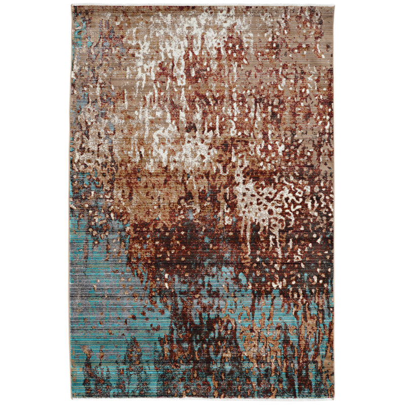 Crittenden Modern Abstract Rust and Blue Area Rug with Short Fringe, Rectangle 3' x 5'