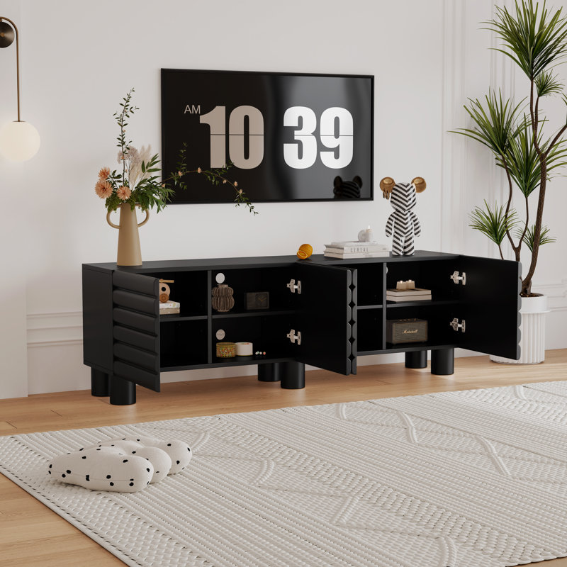 Modern Tv Stand For Tvs Up To 75", With Unique Design, Adjustable Shelves, 4 Cabinets, Cylindrical Legs & Cable Management