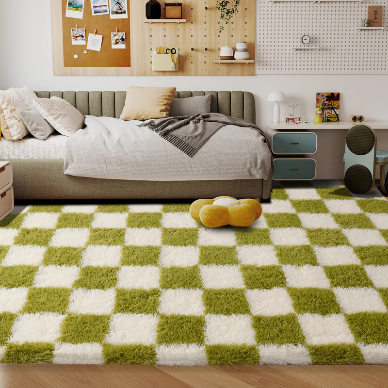Checkered Fluffy Rug 5x7 Ft Washable Shaggy Fluffy Rug for Bedroom Living Room Plaid Runner Rug Fuzzy Shag Carpet Non-Slip for Kids Toddler Room Nursery Playroom