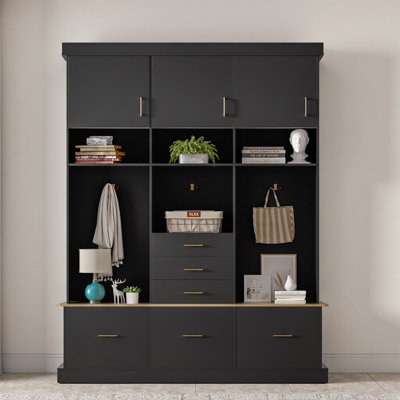  5-in-1 Modern Entryway Hall Tree with Bench & Coat Rack, MDF Mudroom Organizer Featuring 6 Drawers, 3 Closed Cabinets, 3-Tier Open Storage Shelves and Heavy-Duty Metal Hooks, Anti-Tip Design for Hallway Living Room Foyer