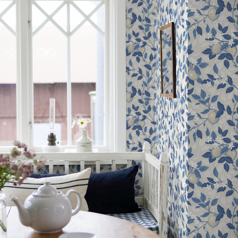 Citronträd Floral Wallpaper Roll, Taupe/Blue