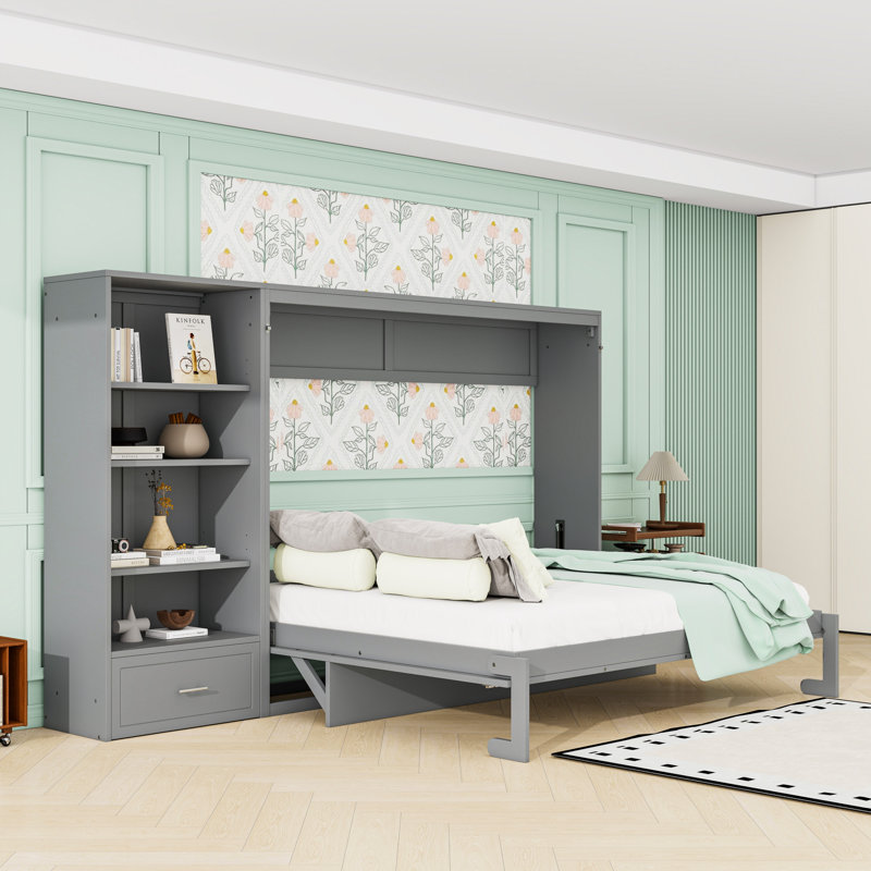 Grand lit escamotable avec rangement, tablette et tiroir réglables - Lit mural pliable peu encombrant pour les petites pièces, gris