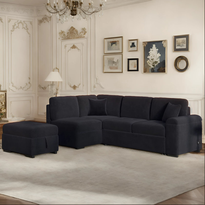 Behler 3-Piece Sleeper Sectional Sofa with USB Charge,Hidden Arm Storage and Storage Ottoman, Black Velvet