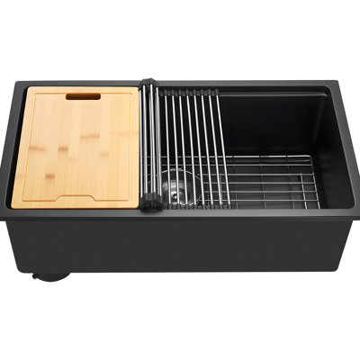 Évier de cuisine en quartz noir de 30 pouces, cuve simple encastrée, cuve en granit 30 x 18 x 9 facile à nettoyer et peu encombrante pour garder les outils propres
