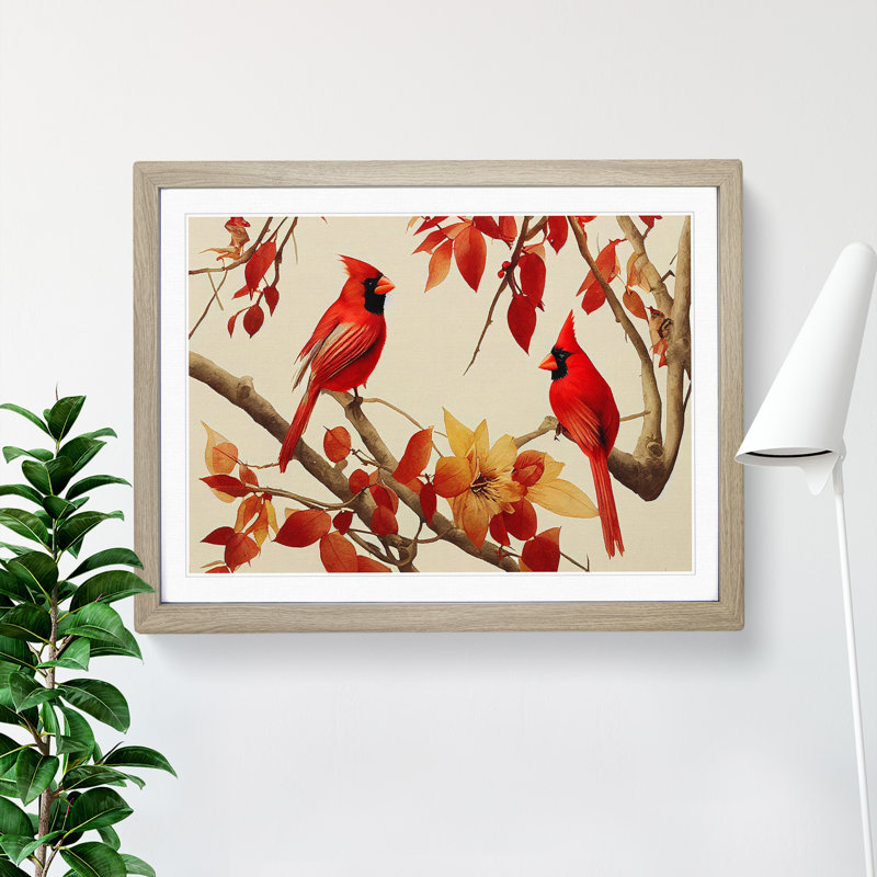 Watercolour Cardinal Birds - Single Picture Frame Print, Oak Framed, 34cm H x 46cm W x 2cm D