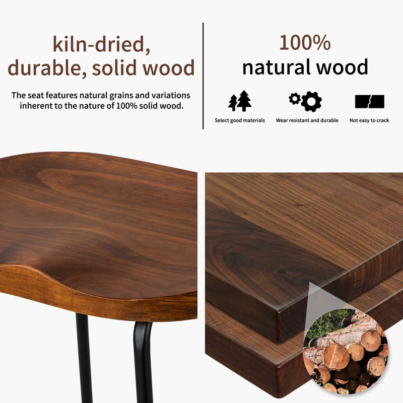 llle Solid Wood Backless Saddle Seat with Footrest Stool Set, Walnut/Black, 2, Counter Stool (26" Seat Height)